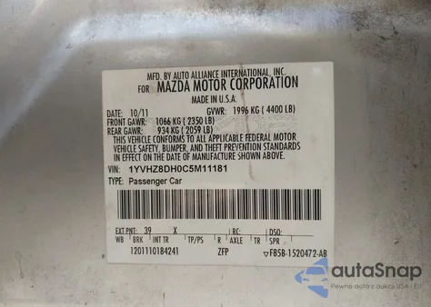 2012 Mazda Mazda6 I Touring из США, поврежденный, VIN 1YVHZ8DH0C5M11181